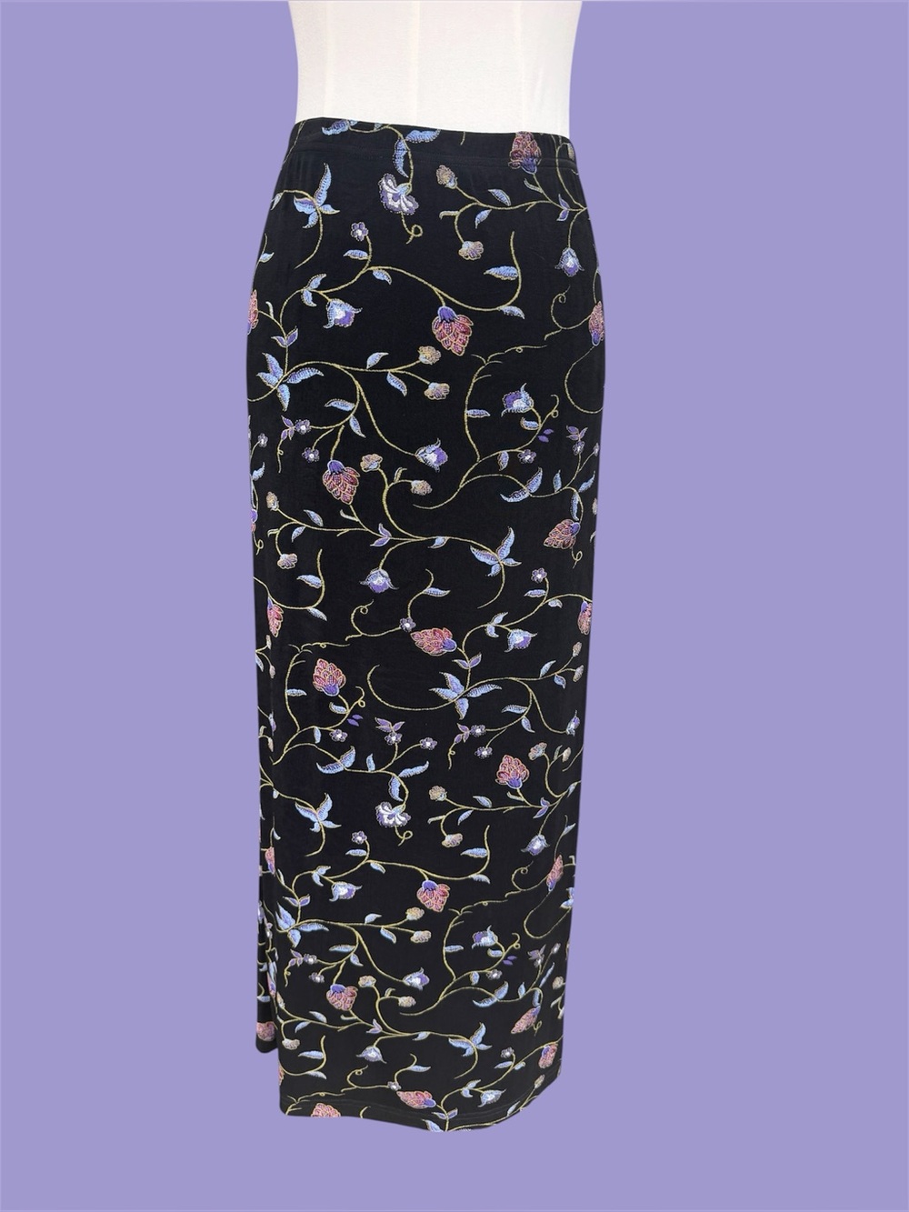 90s Vintage Black Blue Floral Slinky Maxi Skirt XL Whimsigoth Grunge FairyGoth